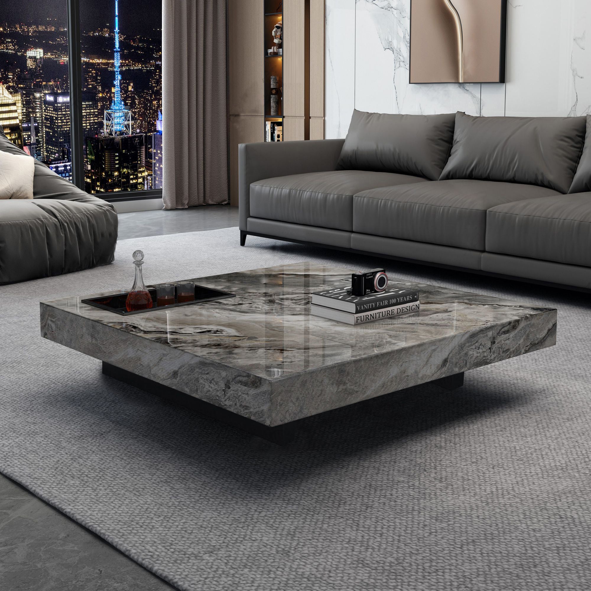 JASIWAY Luxury Square Marbling Coffee Table with Metal Legs