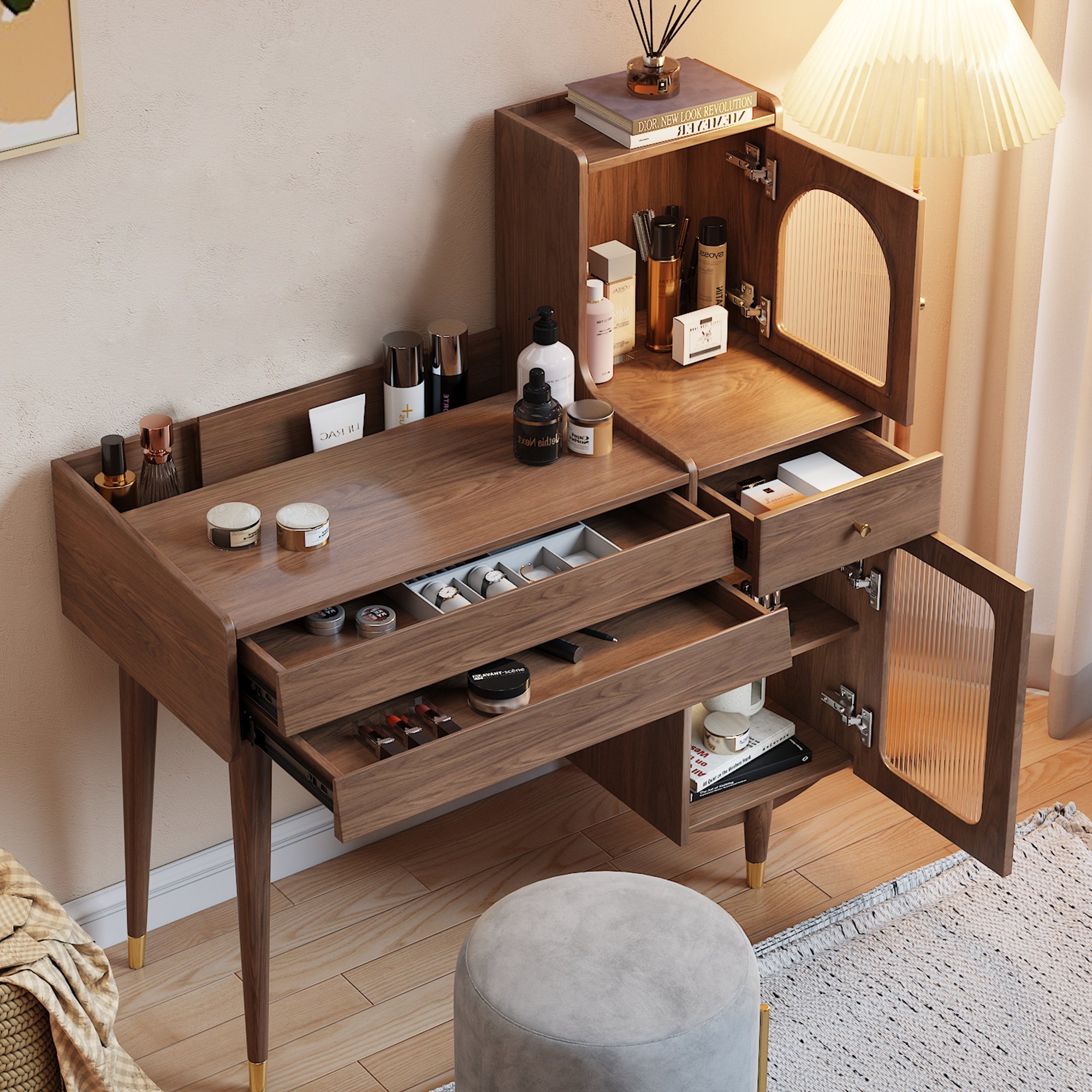 JASIWAY Wooden Storage Dressing Table with Adjustable Side Cabinet - Perfect Bedroom Organizer Coffee Color JASIWAY Wooden Storage Dressing Table with Adjustable Side Cabinet - Perfect Bedroom Organizer Coffee Color
