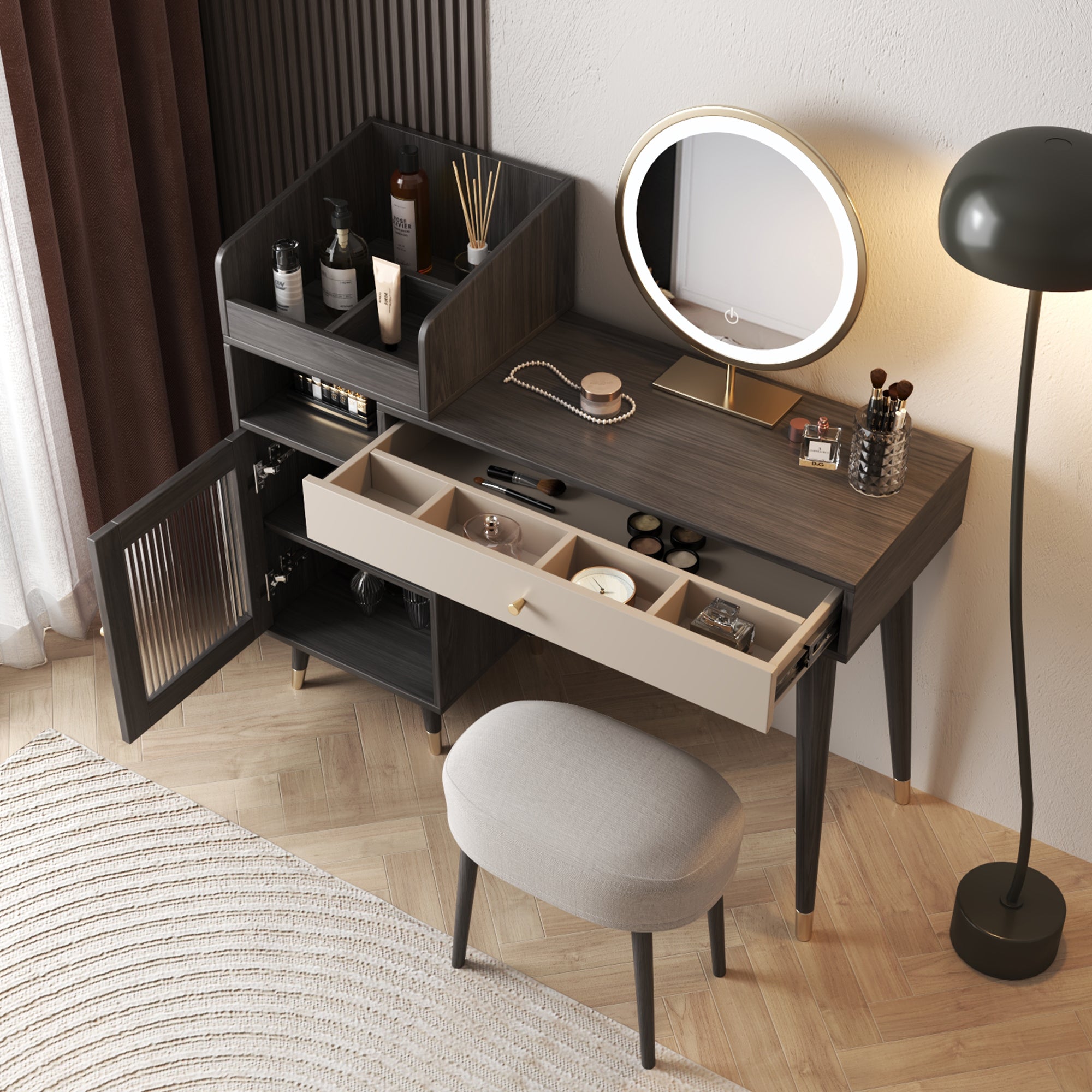 brown wooden dressing table JEAREY Natural 35.43 in.W Makeup Vanity Desk Wood Dressing Table with Mirrors, Drawers, Cabinets, Shelves, 3-Color LED Lighted