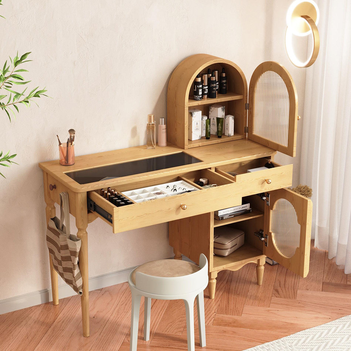 JASIWAY Wooden Makeup Vanity Set with Jewelry Storage & Side Cabinet Table with Round LED Mirror