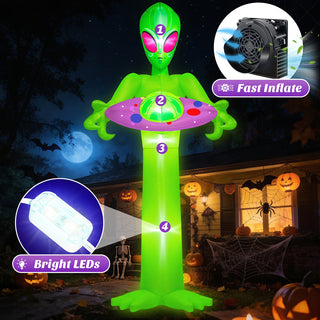 Feature highlight graphic for a giant Halloween inflatable green alien holding a UFO spaceship yard decoration, showcasing built-in bright LED lights and a powerful fast inflate blower system for easy outdoor holiday setup.