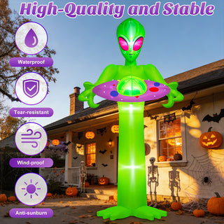 High-quality and stable design feature graphic for a giant Halloween inflatable green alien holding a UFO spaceship yard decoration, highlighting waterproof, tear-resistant, wind-proof, and anti-sunburn durable fabric properties for outdoor holiday display.
