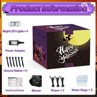 Product information and package contents guide graphic for a giant Halloween inflatable green alien holding a UFO spaceship yard decoration, detailing included accessories such as 4 bright LED lights, power adapter, 6 ground stakes, instructions, 1 blower, 3 ropes, and 2 water bags.