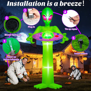 Step-by-step installation guide graphic for a giant Halloween inflatable green alien holding a UFO spaceship yard decoration, numbered 1 to 5 to illustrate zipping up, positioning the blower facing up, plugging in power, tying up ropes, and inserting stakes into the lawn.