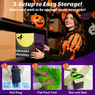 3-setup to easy storage guide graphic featuring a woman in a Halloween witch costume placing a box on a shelf, illustrating how to pull the plug, flat-pack fold, and box and seal a giant Halloween inflatable green alien decoration for next year.