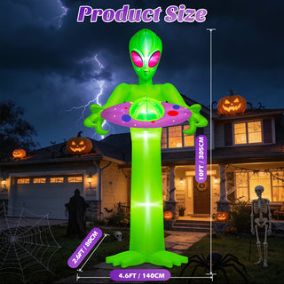 Product size dimension scale showcase graphic for a giant Halloween inflatable green alien holding a UFO spaceship yard decoration, displaying a 10ft (305cm) height, 4.6ft (140cm) width, and 2.6ft (80cm) base width on a spooky suburban front lawn at night.