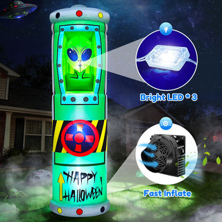 Bright LED lights and fast inflate features breakdown graphic for a giant Halloween inflatable alien in a green containment tube pod yard decoration, showcasing internal lighting components and built-in blower performance at night.