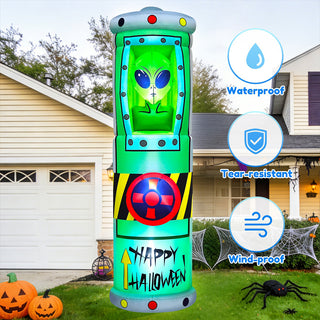 Waterproof, tear-resistant, and wind-proof fabric feature guide graphic for a giant Halloween inflatable alien in a green containment tube pod yard decoration, displayed on a residential front lawn during daytime.