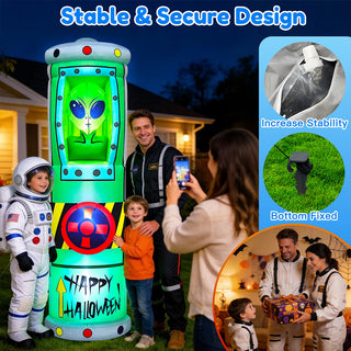 Stable and secure design features guide graphic for a giant Halloween inflatable alien in a green containment tube pod yard decoration, highlighting built-in water bags for stability, bottom ground fixed stakes, and family-friendly nighttime holiday display scenes.