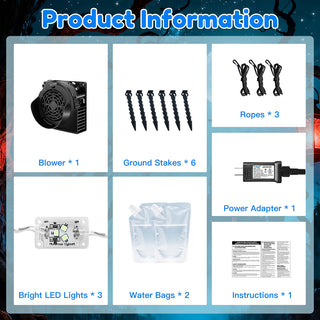Product information and package contents guide graphic for a giant Halloween inflatable alien in a green containment tube pod yard decoration, detailing included accessories such as 1 blower, 6 ground stakes, 3 ropes, power adapter, 3 bright LED lights, 2 water bags, and instructions.