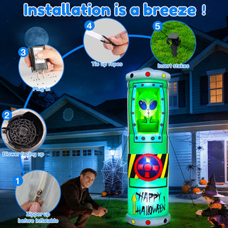 Step-by-step installation guide graphic for a giant Halloween inflatable alien in a green containment tube pod yard decoration, numbered 1 to 5 to illustrate zipping up, positioning the blower facing up, plugging in power, tying up ropes, and inserting stakes into the lawn.