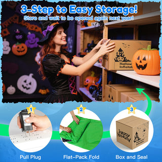 3-step easy storage guide graphic featuring a woman in a Halloween witch costume placing a box on a shelf, illustrating how to pull the plug, flat-pack fold, and box and seal a giant Halloween inflatable decoration for next year.