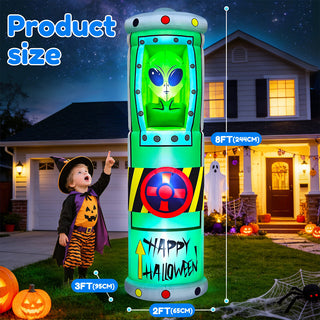 Product size dimension scale showcase graphic for a giant Halloween inflatable alien in a green containment tube pod yard decoration, displaying an 8ft (244cm) height and 2ft (65cm) base width alongside a child in a Halloween costume on a lawn at night.