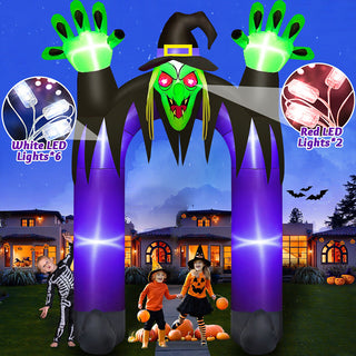 Lighting features guide graphic for a giant Halloween inflatable witch gateway and archway yard decoration, showcasing built-in white LED lights on the pillars and red LED lights in the eyes for glowing nighttime holiday displays.