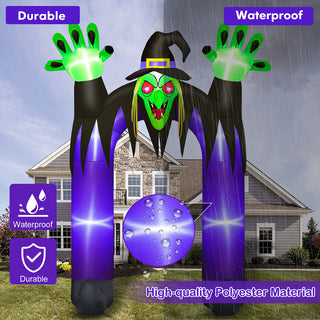 Durable and waterproof features graphic for a giant Halloween inflatable witch gateway and archway yard decoration, highlighting high-quality polyester material and weather-resistant fabric designed to withstand rain and outdoor elements for holiday displays.