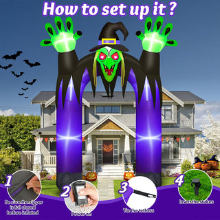 Step-by-step installation guide graphic for a giant Halloween inflatable witch gateway and archway yard decoration, numbered 1 to 4 to illustrate zipping up the zipper, plugging in power, tying the tethers, and inserting ground stakes into the lawn.