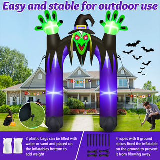 Easy and stable for outdoor use guide graphic for a giant Halloween inflatable witch gateway and archway yard decoration, illustrating stability features with 2 water or sand-fillable plastic bags, 4 ropes, and 8 ground stakes to secure the display against wind.