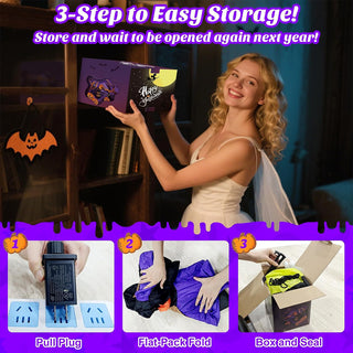 3-step to easy storage guide graphic featuring a smiling woman in a costume storing a box on a shelf, illustrating how to pull the plug, flat-pack fold, and box and seal a giant Halloween inflatable witch gateway decoration for next year.