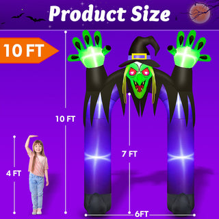 Product size dimension scale showcase graphic for a giant Halloween inflatable witch gateway and archway yard decoration, displaying a 10ft total height, 7ft inner clearance height, and 6ft base width alongside a 4ft child height comparison scale.