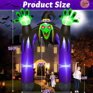 Product size dimension scale infographic for a giant Halloween inflatable witch gateway and archway yard decoration at night, showing a 10ft overall height, 7ft clearance arch height, 6ft base width, and a 4ft child height comparison scale.