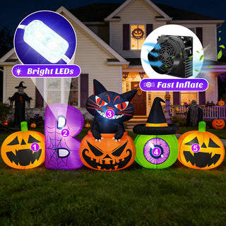 Feature graphic of a large Halloween inflatable decoration set on a lawn, highlighting built-in bright LED lights and a fast inflate air blower system for easy outdoor holiday setup.
