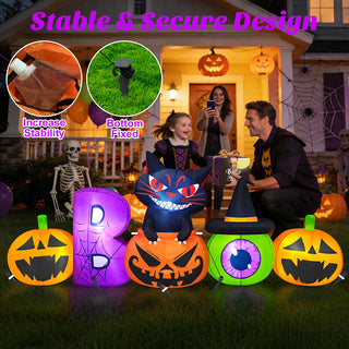 Stable and secure design feature graphic for a large Halloween inflatable decoration set on a lawn, illustrating stability-enhancing features including bottom-fixed stakes and weighted water/sand bags alongside a family enjoying holiday displays.
