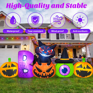 High-quality and stable material feature graphic for a large Halloween inflatable decoration set on a lawn, highlighting waterproof, tear-resistant, wind-proof, and anti-sunburn outdoor performance.