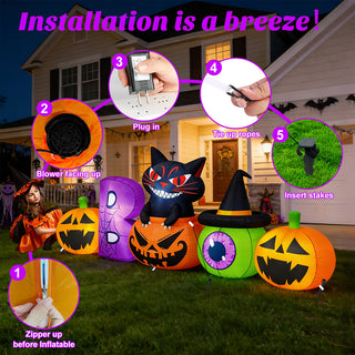 5-step easy installation guide graphic for a large Halloween inflatable decoration set on a lawn, illustrating step-by-step setup instructions including closing the zipper, positioning the air blower, plugging in, tying up ropes, and securing ground stakes.