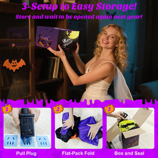 3-step easy storage guide graphic for a large Halloween inflatable decoration set, demonstrating how to pull the plug, flat-pack fold, and pack the item into the storage box for next year.