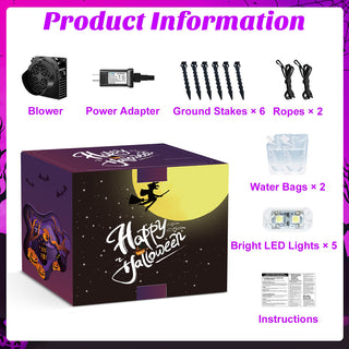 Product information package contents graphic for a large Halloween inflatable decoration set, displaying included components such as an air blower, power adapter, 6 ground stakes, 2 ropes, 2 water bags, 5 bright LED lights, and instructions.
