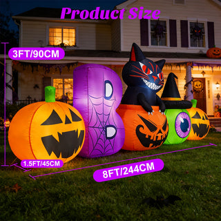 Product size and dimension breakdown graphic for a large Halloween inflatable decoration set on a lawn, indicating overall dimensions spanning 8 feet (244 cm) wide by 3 feet (90 cm) tall, with individual components measuring approximately 1.5 feet (45 cm).
