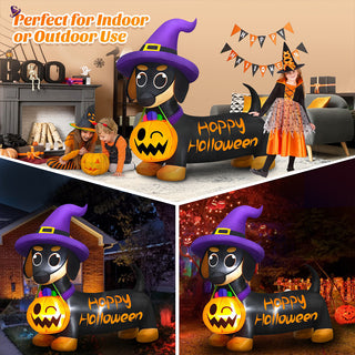 Perfect for indoor or outdoor use collage graphic for a giant Halloween inflatable dachshund dog yard decoration, showcasing versatile placement in living rooms, holiday party settings, and glowing nighttime lawn displays with children in costumes.