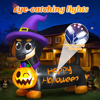 Eye-catching lights feature graphic for a giant Halloween inflatable dachshund dog yard decoration, highlighting 4 built-in LED lights illuminating the body and glowing pumpkin bucket for vibrant nighttime holiday displays.