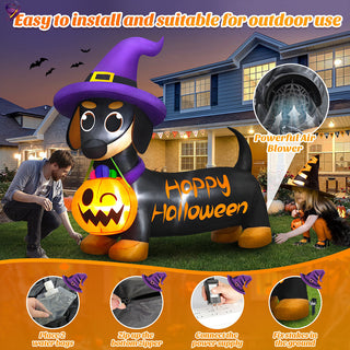 Easy to install and suitable for outdoor use instruction graphic for a giant Halloween inflatable dachshund yard decoration, illustrating setup features with 2 water bags, bottom zipper, power supply connection, powerful air blower, and ground stakes.