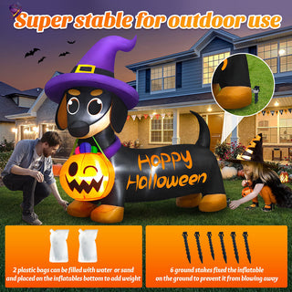 Super stable for outdoor use feature graphic for a giant Halloween inflatable dachshund yard decoration, detailing stability features including 2 water or sand-fillable plastic bags and 6 ground stakes to secure the display against wind.