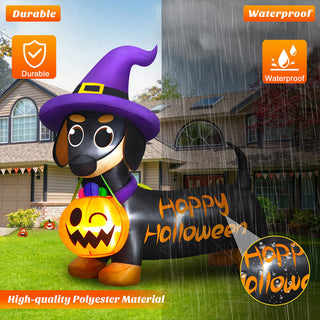 Durable and waterproof feature graphic for a giant Halloween inflatable dachshund yard decoration, highlighting high-quality polyester material and weather-resistant fabric designed to withstand rain and outdoor elements for seasonal lawn displays.