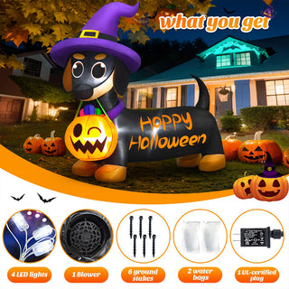 What you get package contents overview graphic for a giant Halloween inflatable dachshund yard decoration, showcasing all included accessories including 4 LED lights, 1 powerful air blower, 6 ground stakes, 2 water bags, and 1 UL-certified plug.