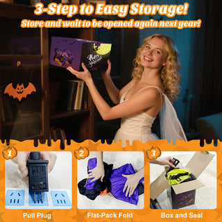 3-step to easy storage instruction graphic for a giant Halloween inflatable decoration, demonstrating simple deflation by unplugging, compact flat-pack folding, and storing inside a compact box for hassle-free off-season organization.