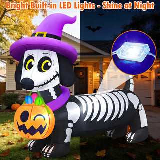Bright built-in LED lights shine at night feature graphic for a giant Halloween inflatable skeleton dachshund yard decoration, showcasing internal illumination modules that light up the spooky lawn display after dark.