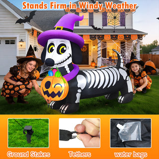 Stands firm in windy weather stability feature graphic for a giant Halloween inflatable skeleton dachshund yard decoration, highlighting secure ground stakes, sturdy tethers, and weighted water bags for safe outdoor lawn installation.
