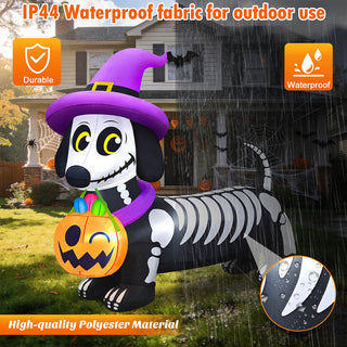 IP44 waterproof fabric for outdoor use durability feature graphic for a giant Halloween inflatable skeleton dachshund yard decoration, highlighting high-quality weatherproof polyester material designed to withstand rainy and harsh outdoor conditions.