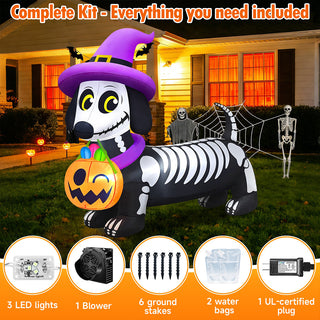 Complete kit everything you need included feature graphic for a giant Halloween inflatable skeleton dachshund yard decoration, detailing accessories including 3 LED lights, 1 air blower, 6 ground stakes, 2 water bags, and 1 UL-certified plug.