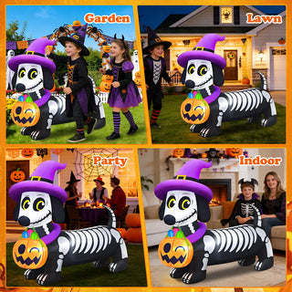 Multi-scene usage showcase graphic for a giant Halloween inflatable skeleton dachshund yard decoration, illustrating versatile holiday display options for gardens, lawns, Halloween parties, and indoor living room settings.