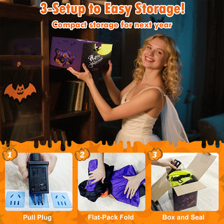 3-step to easy storage instruction graphic for a giant Halloween inflatable skeleton dachshund yard decoration, demonstrating simple deflation by unplugging, compact flat-pack folding, and storage inside a compact box for hassle-free off-season organization.
