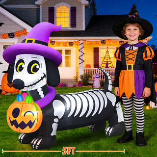 5FT long Halloween inflatable skeleton dachshund yard decoration featuring spooky bone prints, a witch hat, and a glowing pumpkin candy bucket with dimension scale for outdoor lawn displays.
