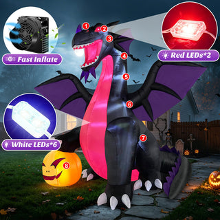 Feature breakdown diagram of a large Halloween inflatable decoration showcasing its fast-inflate fan, red and white LED lights, and black and purple dragon design with a pumpkin for outdoor yard display.