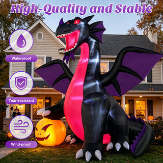 High-quality waterproof and tear-resistant Halloween inflatable decoration featuring a large black and purple dragon holding a glowing pumpkin for stable outdoor yard display.