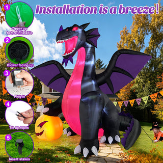 Step-by-step installation guide diagram for a large Halloween inflatable decoration showcasing zipper closure, built-in blower fan, power plug, tether ropes, and ground stakes.