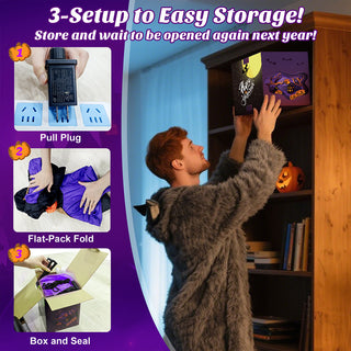 Step-by-step storage guide diagram for a large Halloween inflatable decoration showcasing how to pull the plug, flat-pack fold, and pack into a box for convenient off-season storage.