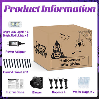 Product information package contents diagram for a large Halloween inflatable decoration showcasing included accessories such as LED lights, power adapter, ground stakes, blower fan, tether ropes, and water bags.
